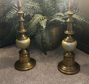 RARE Mid Century Vintage Antique Pair 2 Brass Stiffel Lamps Shades Working Retro - Picture 1 of 24