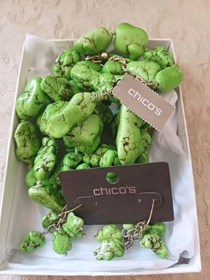 Chicos Collar Largo Distintivo y Pendientes de Gancho a Juego Gruesas Piedras Verdes Nuevo Foto 1 de 4