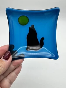 Fused Glass Art Trinket Dish Blue 4” Square Wolf Howling Moon Handmade Ashtray - Picture 1 of 5