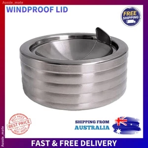 Grooved Silver Classic Metal Ashtray with a Lid for Cigarettes - Windproof Outdo - Picture 1 of 8
