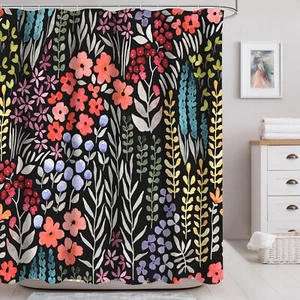 Fabric Shower Curtain Floral Print Bathroom Decor w/ 12 Hooks Waterproof Curtain - Picture 1 of 14