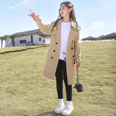 Kids Child Classic Double Breasted Jacket Girl Midi-Length Trench Coat with Belt - Image 1 of 4