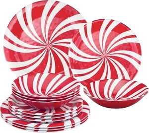 12-Piece Peppermints Melamine Dinnerware Set - Service for 4 - Picture 1 of 6