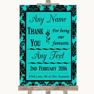 Turquoise Damask Thank You Bridesmaid Page Boy Best Man Wedding Sign - Picture 1 of 8