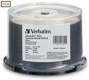 50-Pak Verbatim UltraLife™ GOLD Archival Grade 16X DVD-R's!  Verbatim 95355 - Picture 1 of 2
