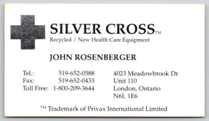 Business Card London ON Silver Cross Recycled Health Equipment John Rosenberger - Imagen 1 de 2
