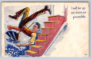 I Will Be Up As Soon As Possible, Man Falling, Coal Cellar Stairs, 1909 Postcard - Picture 1 of 2