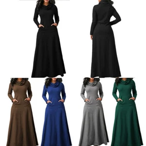 Womens Casual Pocket Maxi Dress Ladies Long Sleeve High Neck Pullover Dresses - Picture 1 of 14