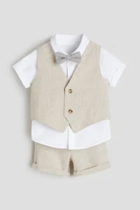Neu H&M Baby hellbeige weiß Hemd Weste Shorts Fliege 4-teiliges elegantes Set - Bild 1 von 7