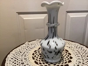 Vintage White w/ Black Speckles Hand Blown Art Glass Bud Vase 6” - Picture 1 of 8
