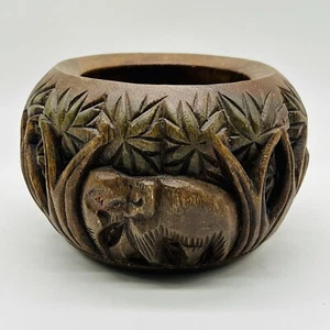 Cuenco relieve 3D vintage de madera tallada a mano elefante y palmeras - Imagen 1 de 17