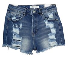 Almost Famous Distressed Mom Style Hi Rise Denim Juniors Shorts Size 9 NWT Blue