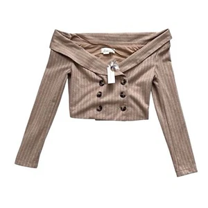 Anthropologie XS NEW Off Shoulder Blazer Top Crop Suiting Menswear Pinstripe Tan - Picture 1 of 9