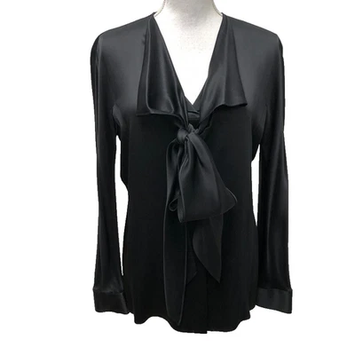 Blusa Top Christian Dior Seda Cuello Corbata Mujer 12 Negra Diseñador Dinero Antiguo Foto 1 de 4