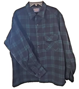 Pendleton Navy Blue Green Wool Loop Collar Long Sleeve Button Up Men's LG VTG - Picture 1 of 17