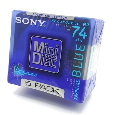 5x Sony 5MDW74KL Sapphire Blue 74 Minute MiniDisc New Blank Recordable MD 5 Pack - Image 1 of 4