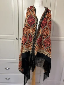 Scarf /shawl/poncho Black multi Wool Blend Size 30x66” WOT fringe Embroidered - Picture 1 of 9