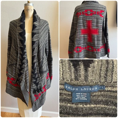Cárdigan de Colección Talla Grande Ralph Lauren Nativo Americano Lana Cachemira Usado en Excelente Condición Rojo Gris Foto 1 de 4