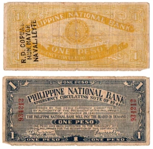 1941 Philippine Province of CEBU 1 Peso S215 C/Stamped NAVAL, Leyte - Picture 1 of 6