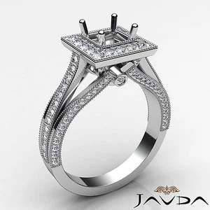 Halo Princess Semi Mount Millgrain Diamond Engagement Ring 18k White Gold 0.9Ctw - Picture 1 of 7