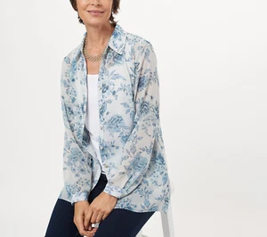 Susan Graver Petite Printed Woven Button Front Shirt Womens S Slate Blue NEW - Picture 1 of 3