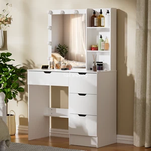 Modern Dressing Table W/ 4 Storage Drawers+adjustable Mirror Make up Desk Vanity - Picture 1 of 12