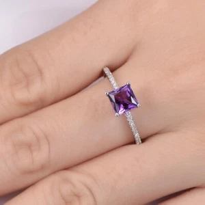 1.50Ct Princess Cut Lab-Created Amethyst Engagement Ring 14K White Gold Plated - Picture 1 of 10