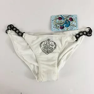 Sinful by Affliction Bikini Bottom Chain Rhinestones Heart Wings White Size M/L - Picture 1 of 4