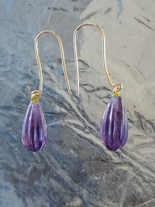 Amethyst Tear Drop Briolette Fish Hook Dangle Earrings 10kt Solid Yellow Gold  - Picture 1 of 6