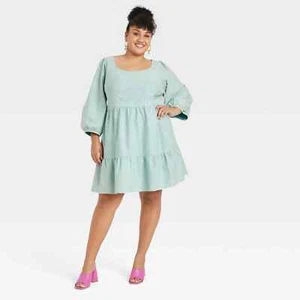 Ava & Viv Women's Plus Size Balloon 3/4 Sleeve A-Line Dress Teal 1X - Picture 1 of 11
