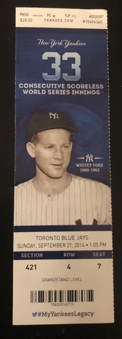 2014 NY Yankees 15,000 HR’s Ticket Stub 9/21/2014 Whitey Ford Exc+ Cover