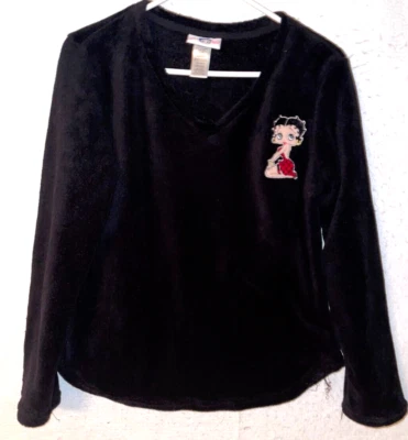 Betty Boop Womens L Sleep Shirt Long Sleeve V Neck Pullover Black Pajama Top - Image 1 of 4