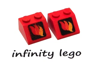 2 LEGO Vintage Red Slope 2 x 2 with Red Orange & Yellow Flames Fire Car 3039 - Picture 1 of 2