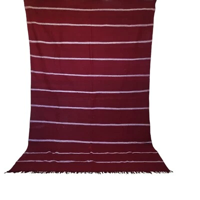 Vtg Handmade Moroccan Brown Rug White Stripe Fringe Berber Tribal Wool Carpet - Image 1 of 4