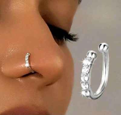 925 Nose Cuff Silver Gold Ring Fake Hoop Septum Piercing Non Pierced Jewelry - Image 1 of 4