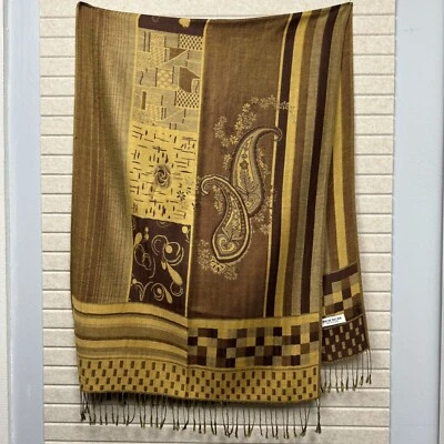 Brown Gold Paisley Geometric Scarf Wrap Shawl Boho Fringe 26x74 - Image 1 of 4