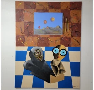 Outsider Art Mixed Media Painting By David White (1945-2023) Cubism Surrealism - Imagen 1 de 2