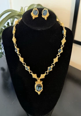 St John Couture Gold Tone Sapphire Blue Glass  Necklace Pierced Earrings Set 16" - Image 1 of 4