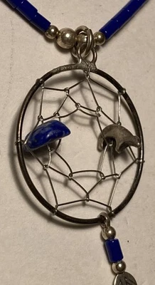 Lapis Stone Silver Spirit Bear Fetish Bead Dream Catcher Pendant 925 Necklace - Image 1 of 4