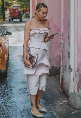 Brock Collection x H&M Pink Ruffle Dress Linen Blend Asymmetrical Ruffles Small - Image 1 of 4