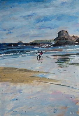 Surf Day At Trevaunance, original acrylics surf art on paper 295mm w x 420mm h - Image 1 of 4