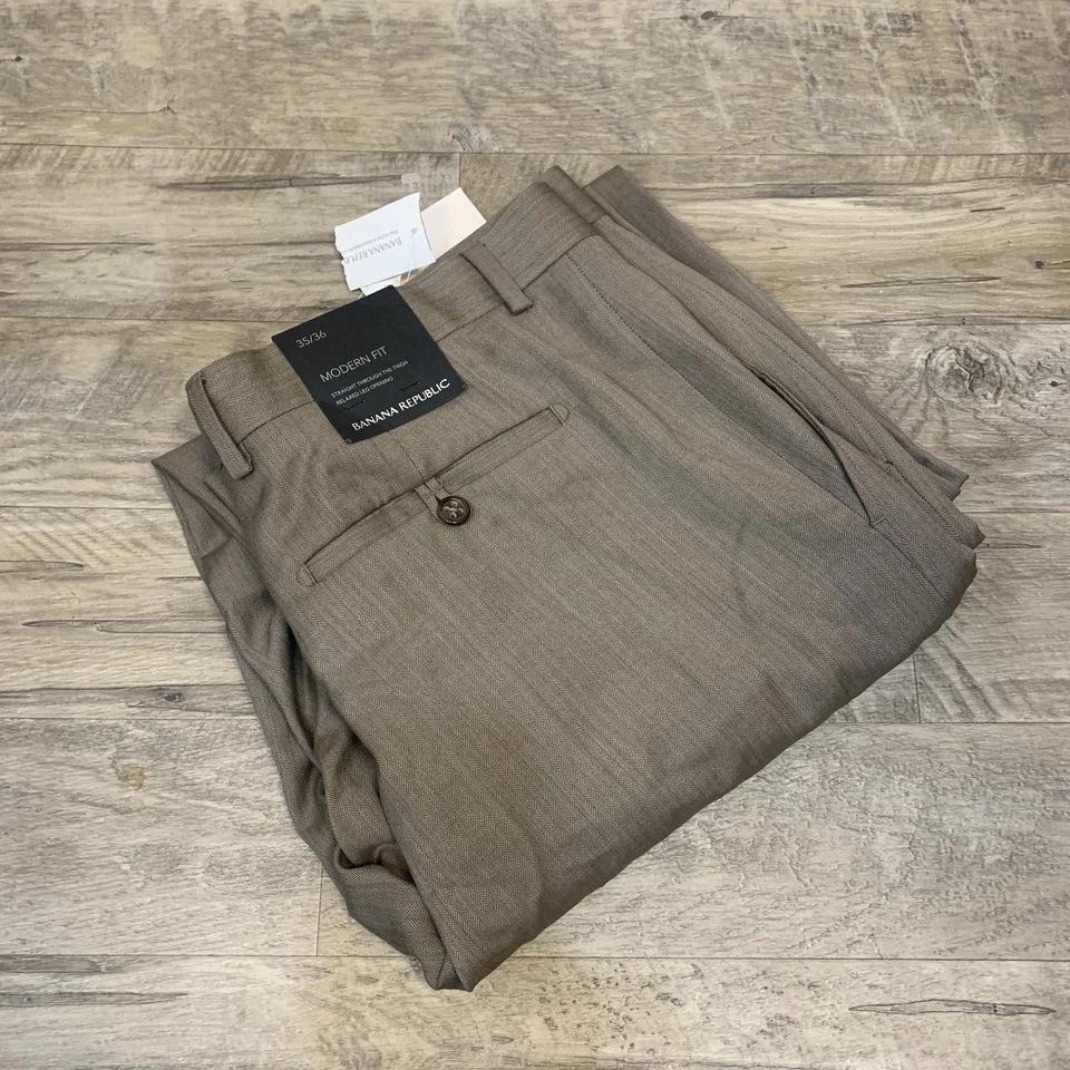 Pantalones de hombre Banana Republic calce moderno 100 % lana marrón talla 35/36 nuevos con etiquetas Foto 1 de 4