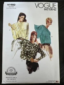 UNCUT Vogue V1980 Misses 1987 Design Blouse Variations Y5 (18-26) Sewing Pattern - Picture 1 of 2