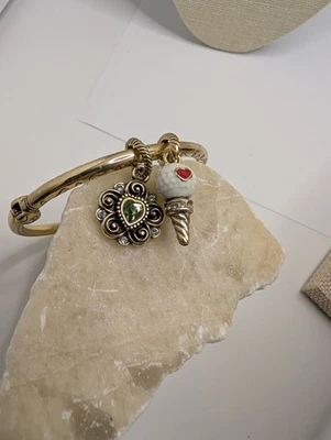 Brighton Retired goldtone hinged bangle bracelet Golf Tee charms Green Crystals - Image 1 of 4