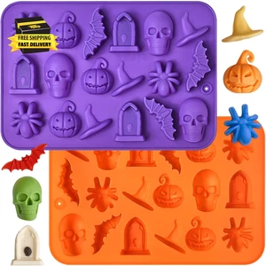 Halloween Chocolate Silicona Moldes, 2 PIEZAS Calavera Calabaza Bruja Sombrero Murciélago Araña Tumba - Imagen 1 de 7