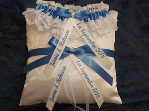 PERSONALISED BLUE WEDDING GARTER AND MATCHING RING CUSHION - Picture 1 of 3