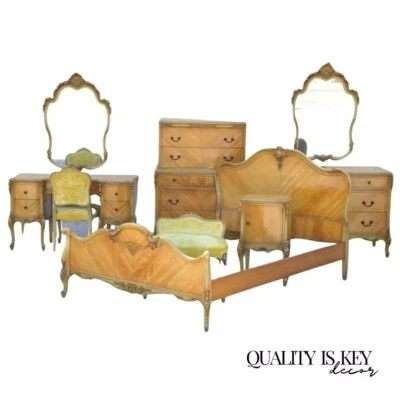 Antiguo juego de dormitorio francés Luis XV madera satinada tocador espejo - juego de 9 piezas Foto 1 de 4