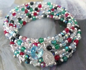 New Memory Wire Crystal Beads Heart Catholic Miraculous Medal Crucifix Bracelet - Picture 1 of 12