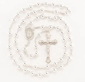 Flared End Crucifix High Polished Rosary 6mm Sterling Silver Deluxe Velvet Box - Picture 1 of 2