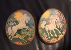 Vintage Einhorn Plaketten (2) Hirsch & Schmetterling Retro Papier & Holz/Rinde Decoupage - Bild 1 von 7